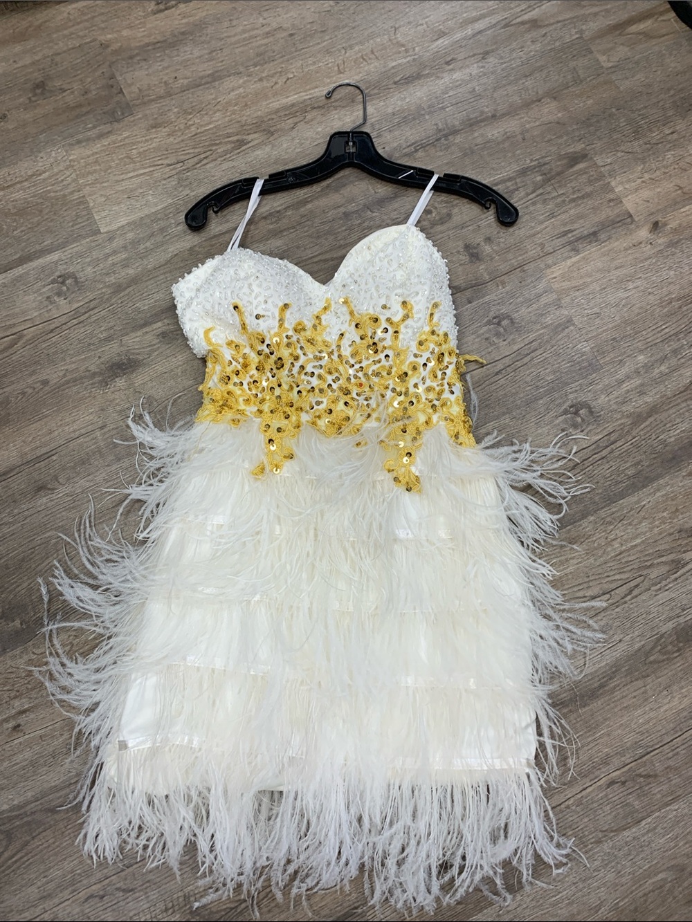 White and Gold Feathered Sequin Spaghetti-Strap Kids Dress
